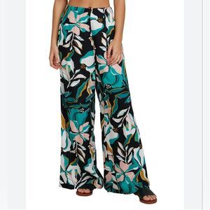 Roxy Sidebyside Abstract Topical Floral Print Pull On Wide Leg Lightweight Pants